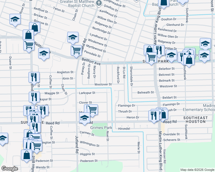 map of restaurants, bars, coffee shops, grocery stores, and more near 5161 Larkspur Street in Houston