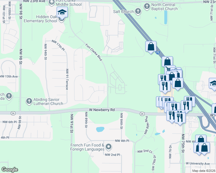 map of restaurants, bars, coffee shops, grocery stores, and more near 1155 Fort Clarke Boulevard in Gainesville