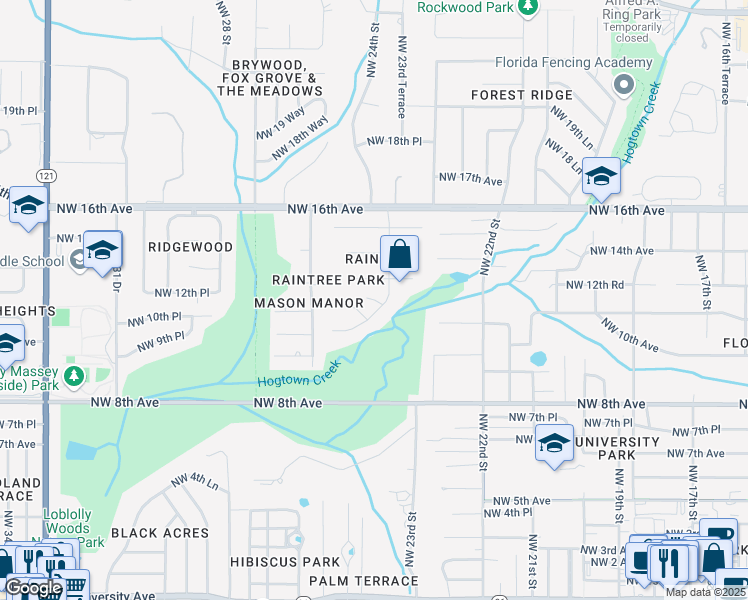 map of restaurants, bars, coffee shops, grocery stores, and more near 12th Place in Gainesville
