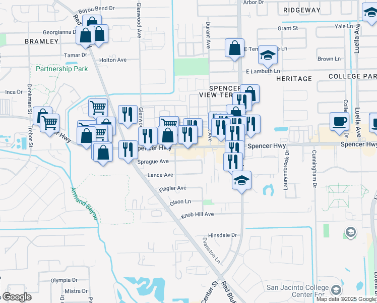 map of restaurants, bars, coffee shops, grocery stores, and more near 7222 Spencer Highway in Pasadena