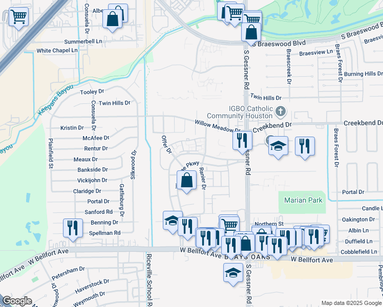 map of restaurants, bars, coffee shops, grocery stores, and more near 10744 Westbrae Parkway in Houston