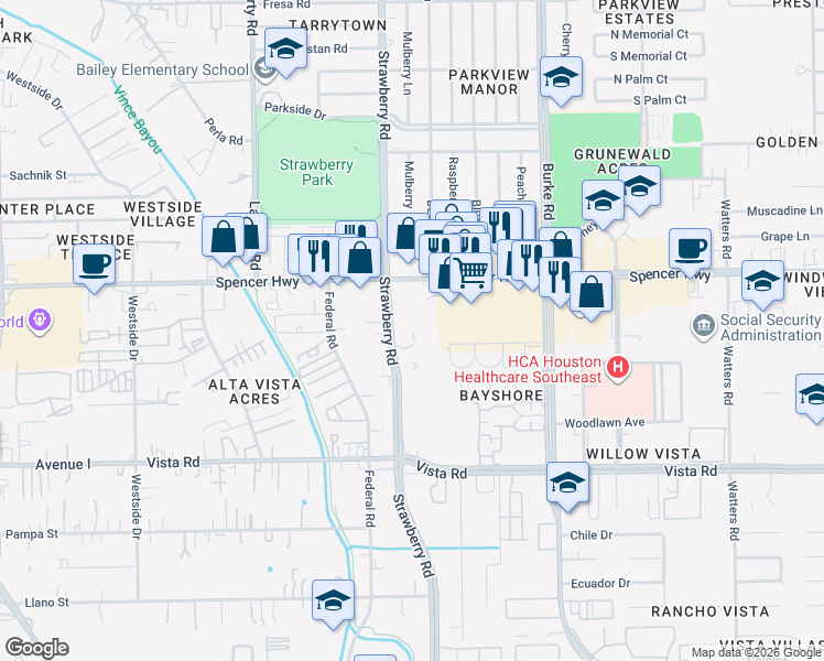 map of restaurants, bars, coffee shops, grocery stores, and more near 3300 Spencer Highway in Pasadena