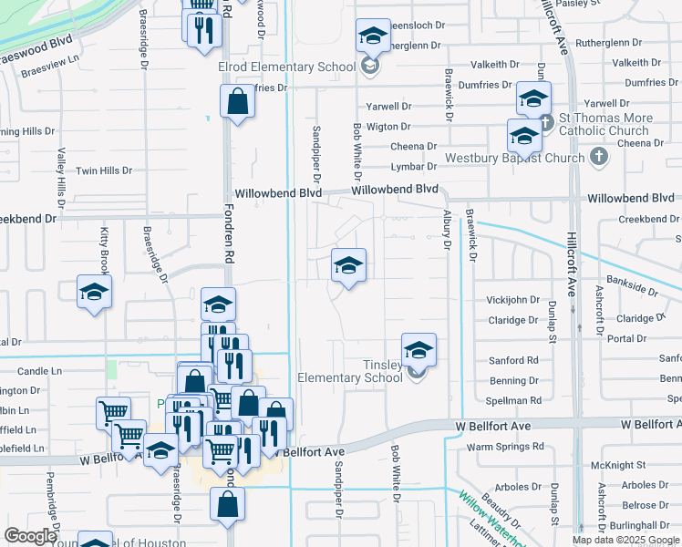 map of restaurants, bars, coffee shops, grocery stores, and more near 6485 Creekbend Drive in Houston