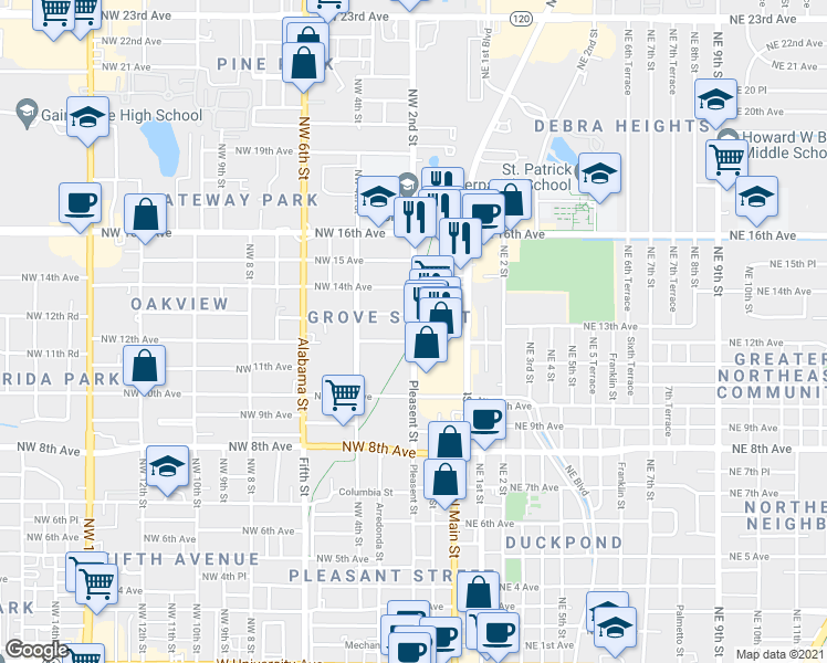 map of restaurants, bars, coffee shops, grocery stores, and more near 1212 Northwest 2nd Street in Gainesville