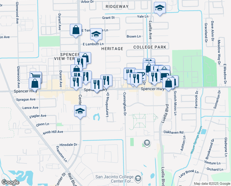 map of restaurants, bars, coffee shops, grocery stores, and more near 7878 Spencer Highway in Pasadena