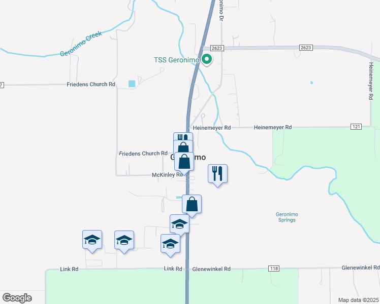 map of restaurants, bars, coffee shops, grocery stores, and more near in Geronimo