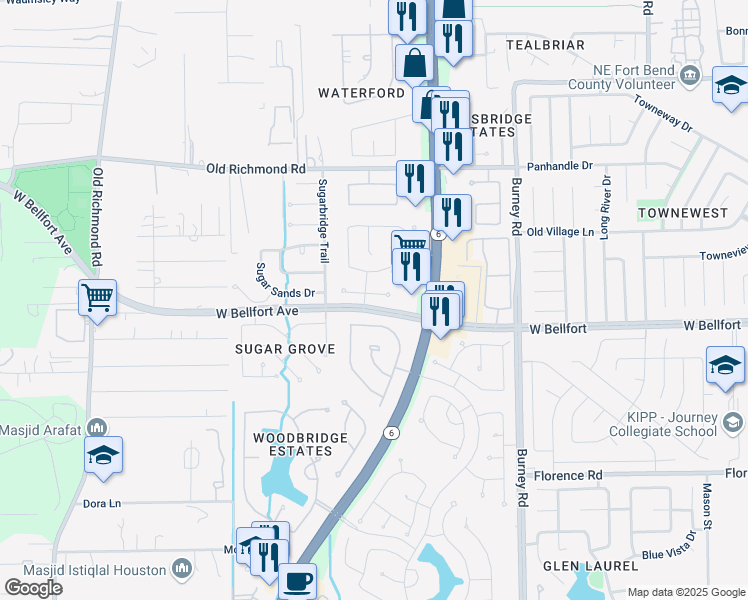 map of restaurants, bars, coffee shops, grocery stores, and more near 15135 Centennial Bridge Lane in Sugar Land
