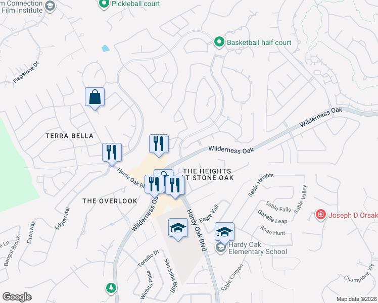 map of restaurants, bars, coffee shops, grocery stores, and more near 115 Evans Oak Lane in San Antonio