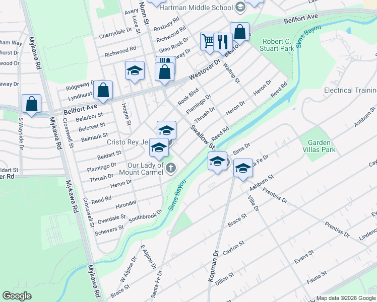 map of restaurants, bars, coffee shops, grocery stores, and more near 6811 Heron Drive in Houston