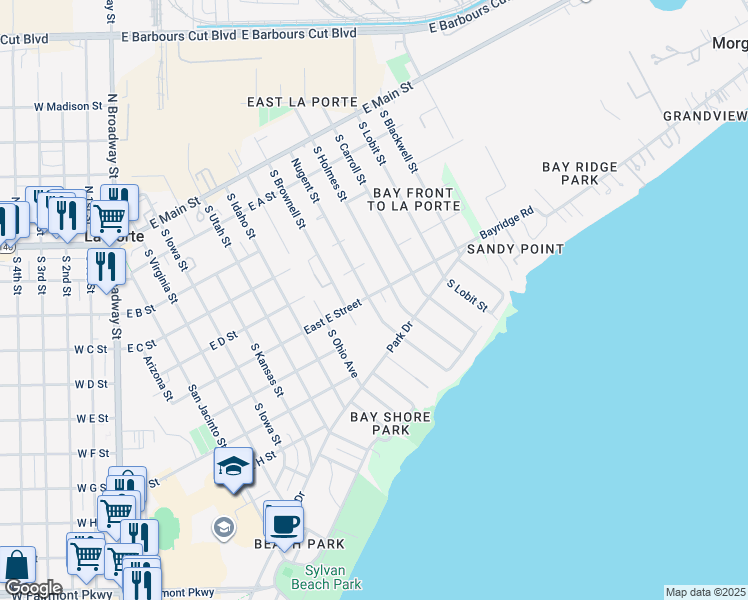 map of restaurants, bars, coffee shops, grocery stores, and more near 523 South Nugent Street in La Porte