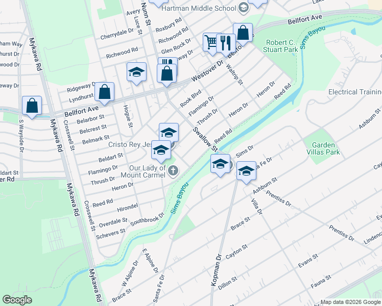 map of restaurants, bars, coffee shops, grocery stores, and more near 6811 Heron Drive in Houston