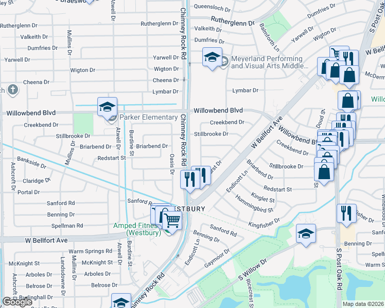map of restaurants, bars, coffee shops, grocery stores, and more near 10715 Chimney Rock Road in Houston
