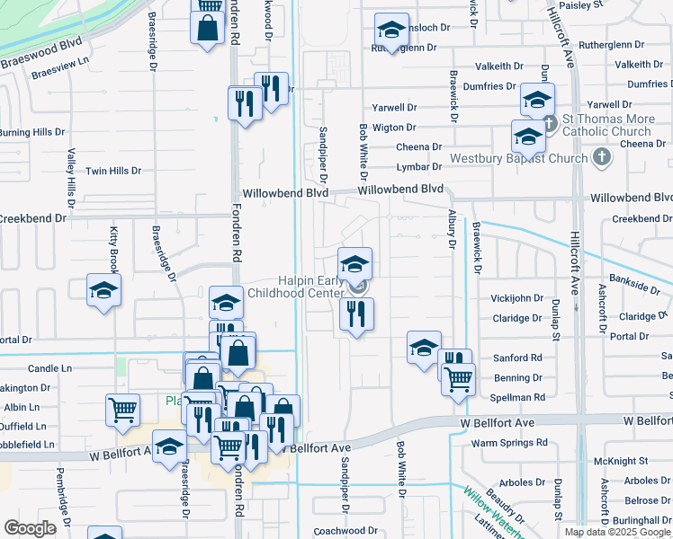 map of restaurants, bars, coffee shops, grocery stores, and more near 6485 Creekbend Drive in Houston