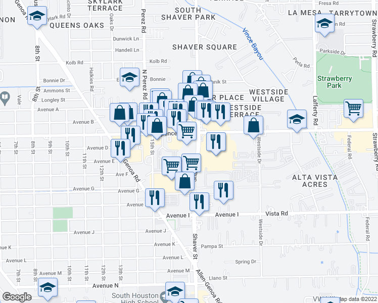 map of restaurants, bars, coffee shops, grocery stores, and more near 1630 Spencer Highway in Houston