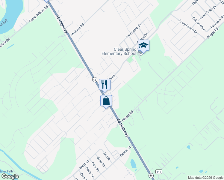 map of restaurants, bars, coffee shops, grocery stores, and more near 2222 Westover Loop in New Braunfels