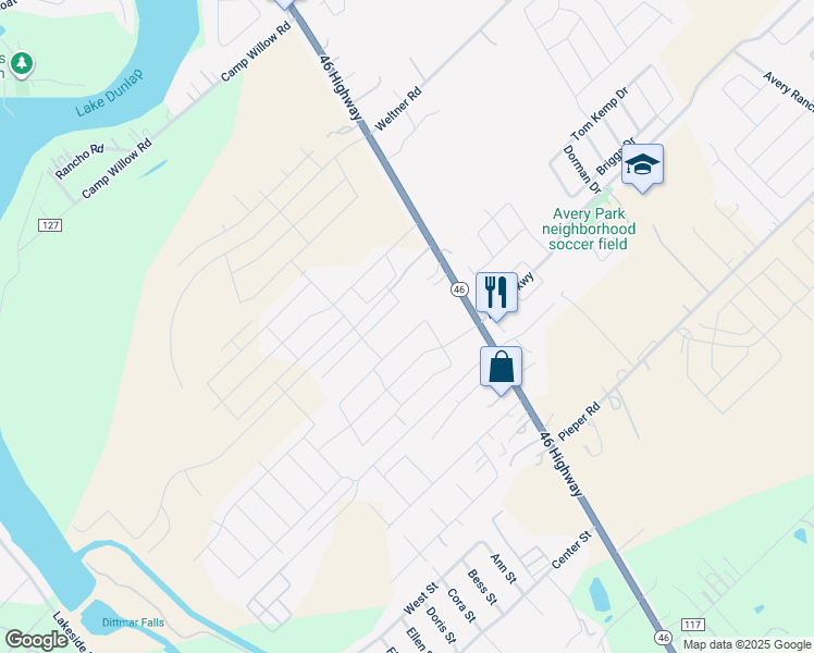 map of restaurants, bars, coffee shops, grocery stores, and more near 106 Texas Thistle in New Braunfels