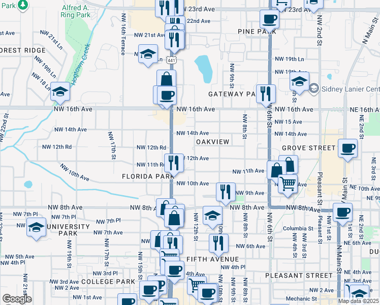 map of restaurants, bars, coffee shops, grocery stores, and more near 1220 Northwest 12th Street in Gainesville