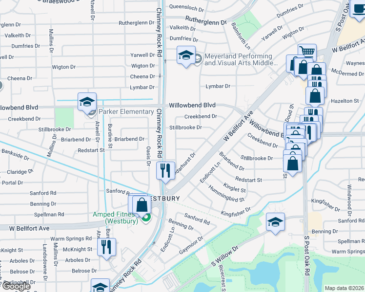 map of restaurants, bars, coffee shops, grocery stores, and more near 10803 Moonlight Drive in Houston
