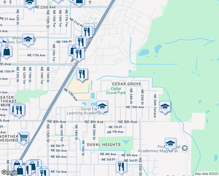 map of restaurants, bars, coffee shops, grocery stores, and more near 1220 Northeast 21 Court in Gainesville