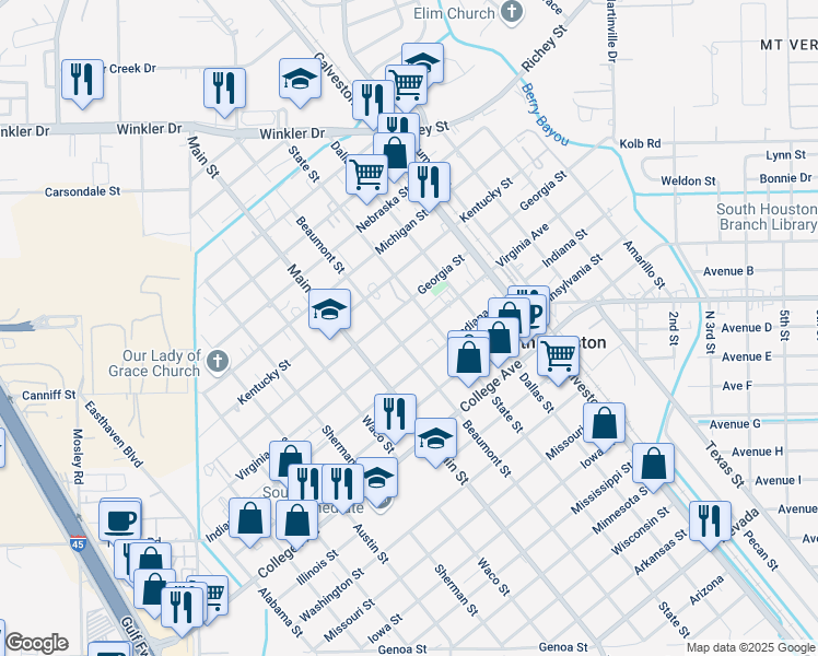 map of restaurants, bars, coffee shops, grocery stores, and more near 719 Virginia Street in South Houston