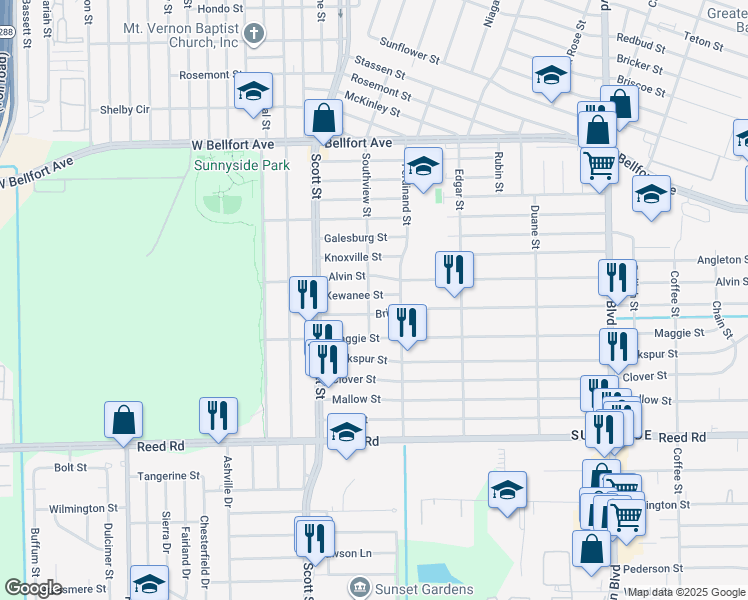 map of restaurants, bars, coffee shops, grocery stores, and more near 4209 Kewanee Street in Houston