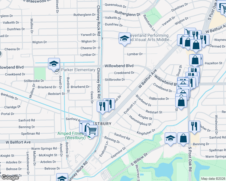 map of restaurants, bars, coffee shops, grocery stores, and more near 10803 Moonlight Drive in Houston