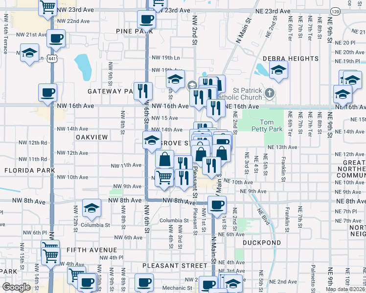 map of restaurants, bars, coffee shops, grocery stores, and more near 224 Northwest 13th Avenue in Gainesville