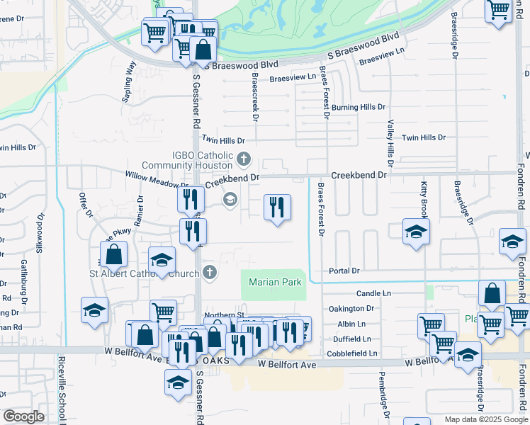 map of restaurants, bars, coffee shops, grocery stores, and more near 8113 Creekbend Drive in Houston