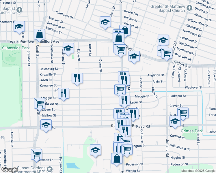 map of restaurants, bars, coffee shops, grocery stores, and more near 4618 Alvin Street in Houston