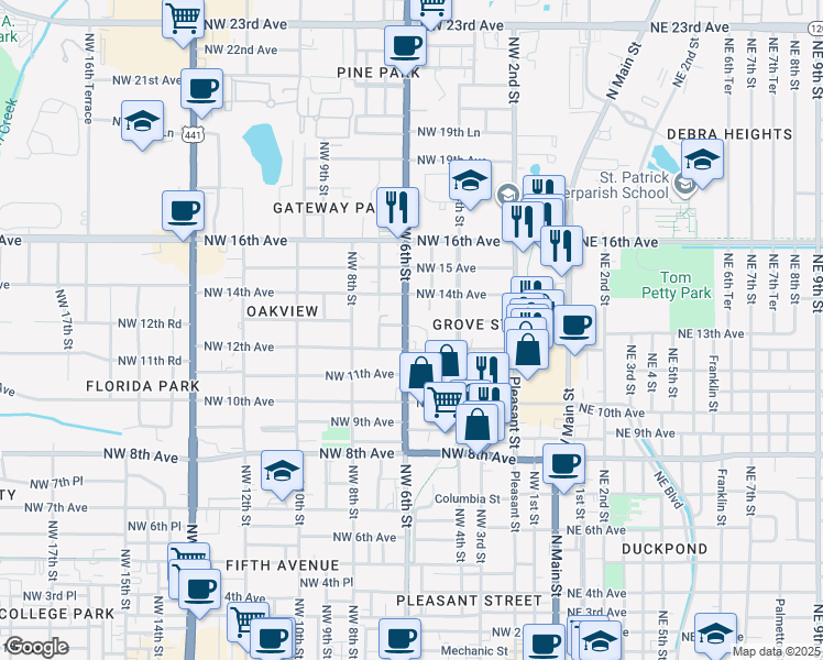 map of restaurants, bars, coffee shops, grocery stores, and more near 1301 Northwest 6th Street in Gainesville