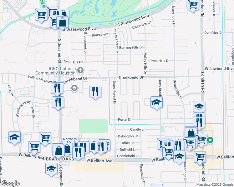 map of restaurants, bars, coffee shops, grocery stores, and more near 10735 Braes Forest Drive in Houston