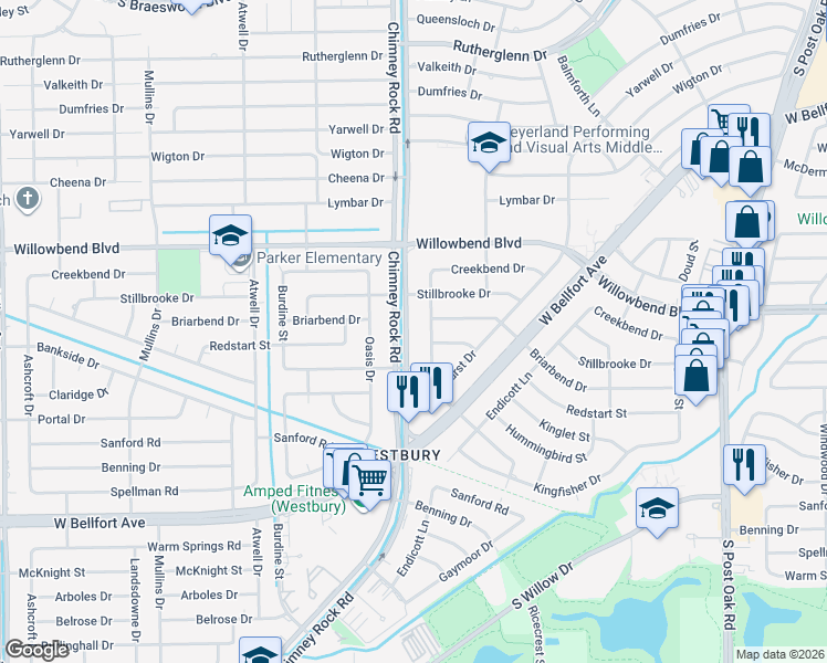 map of restaurants, bars, coffee shops, grocery stores, and more near 10715 Chimney Rock Road in Houston