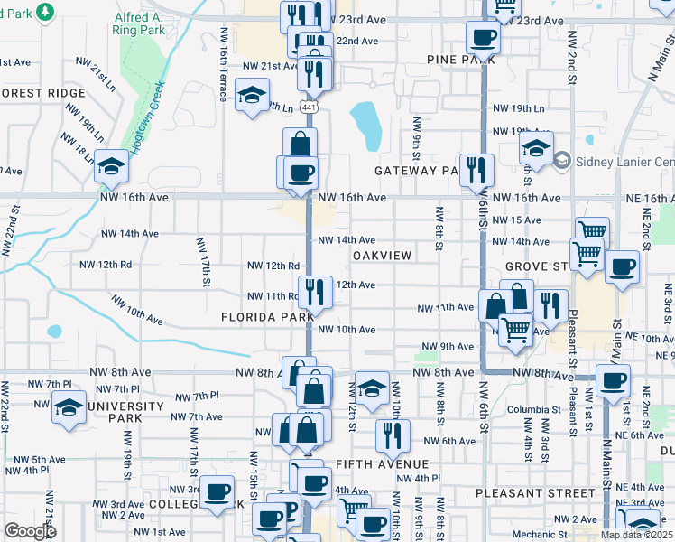map of restaurants, bars, coffee shops, grocery stores, and more near 1220 Northwest 12th Street in Gainesville