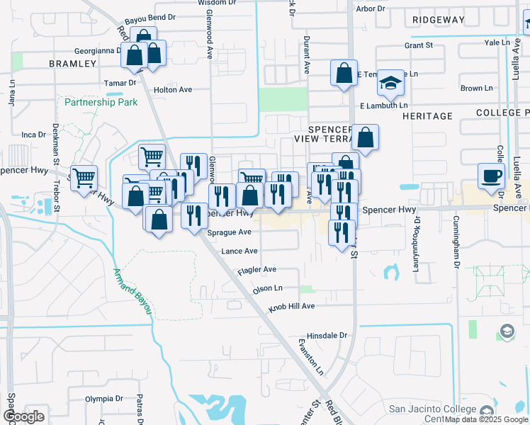 map of restaurants, bars, coffee shops, grocery stores, and more near 7123 Spencer Highway in Pasadena