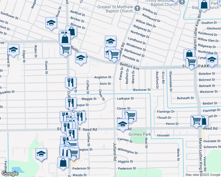 map of restaurants, bars, coffee shops, grocery stores, and more near 4942 Alvin Street in Houston