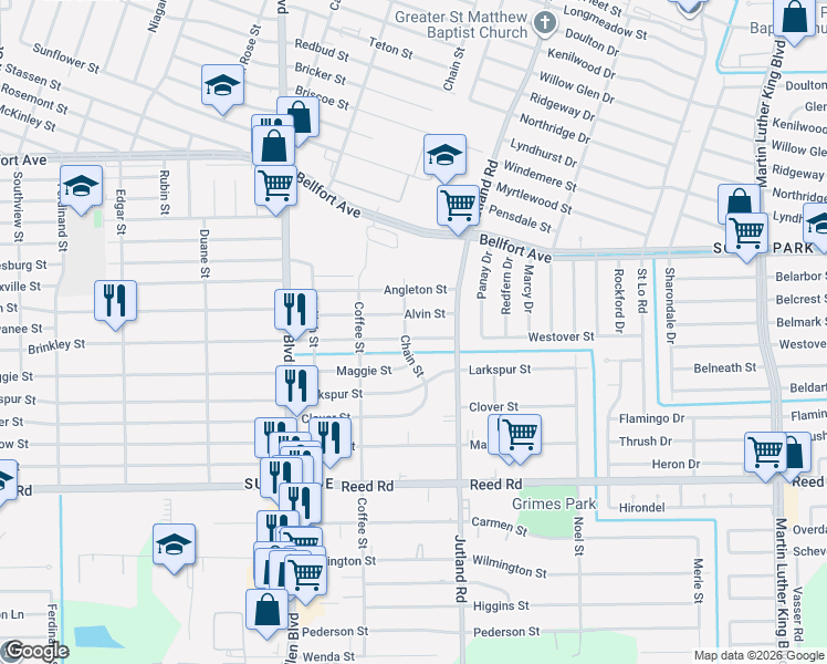 map of restaurants, bars, coffee shops, grocery stores, and more near 4910 Alvin Street in Houston