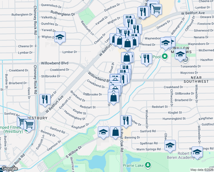 map of restaurants, bars, coffee shops, grocery stores, and more near 5003 Willowbend Boulevard in Houston