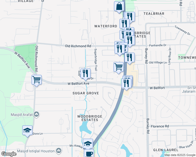 map of restaurants, bars, coffee shops, grocery stores, and more near 15222 Newfield Bridge Lane in Sugar Land