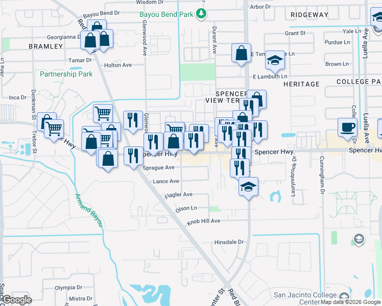 map of restaurants, bars, coffee shops, grocery stores, and more near 7222 Spencer Highway in Pasadena