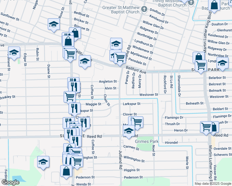 map of restaurants, bars, coffee shops, grocery stores, and more near 4942 Alvin Street in Houston