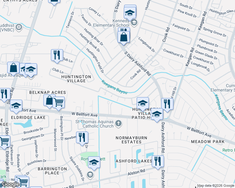 map of restaurants, bars, coffee shops, grocery stores, and more near 12338 Huntington Venture Drive in Houston