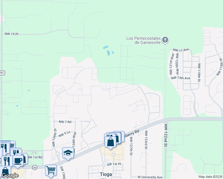 map of restaurants, bars, coffee shops, grocery stores, and more near 1265 Northwest 129th Drive in Newberry