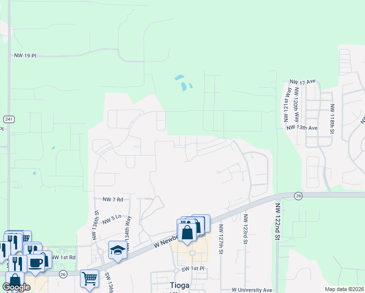 map of restaurants, bars, coffee shops, grocery stores, and more near 1265 Northwest 129th Drive in Newberry