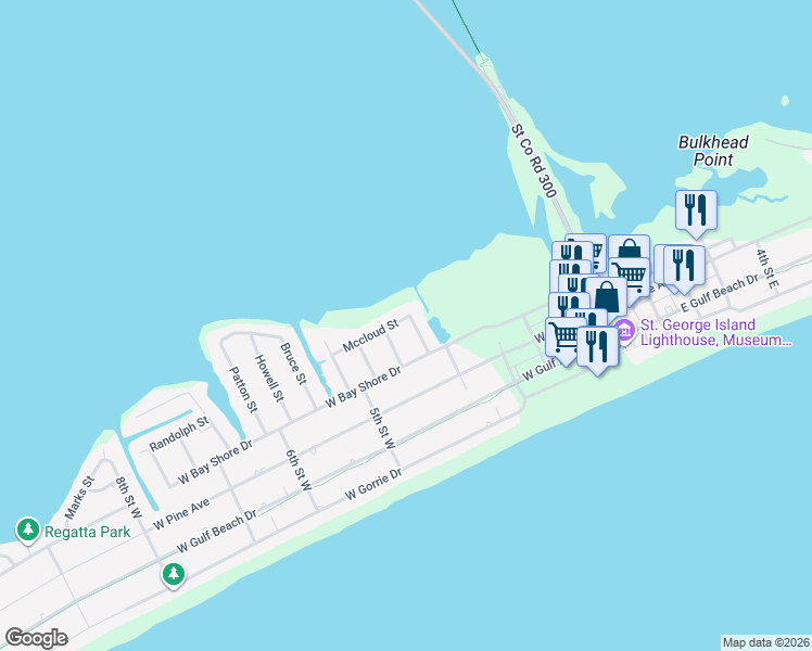 map of restaurants, bars, coffee shops, grocery stores, and more near 401 Mccloud Street in Saint George Island