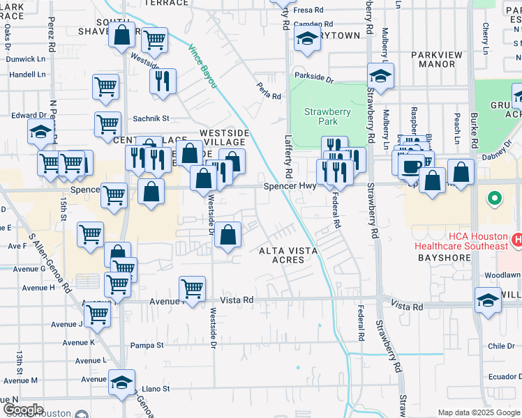 map of restaurants, bars, coffee shops, grocery stores, and more near 2900 Spencer Highway in Pasadena
