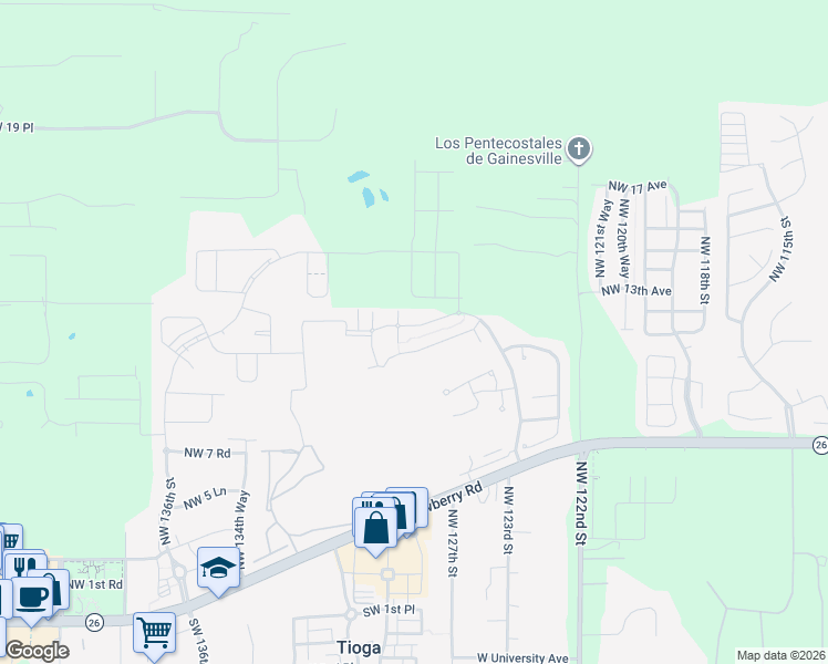 map of restaurants, bars, coffee shops, grocery stores, and more near 1205 Northwest 128 Drive in Newberry