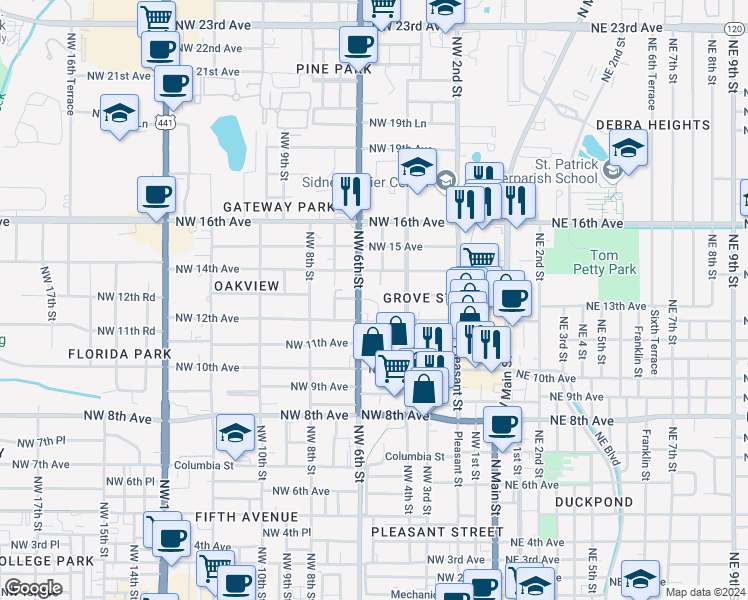 map of restaurants, bars, coffee shops, grocery stores, and more near 1301 Northwest 6th Street in Gainesville
