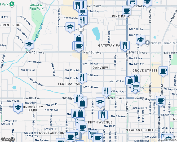 map of restaurants, bars, coffee shops, grocery stores, and more near 1220 Northwest 12th Street in Gainesville