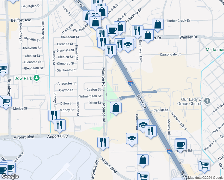 map of restaurants, bars, coffee shops, grocery stores, and more near 8721 Bryam Street in Houston
