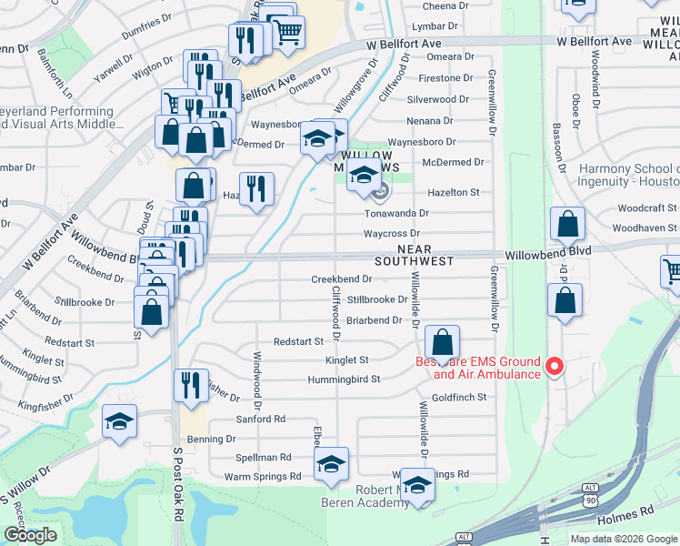 map of restaurants, bars, coffee shops, grocery stores, and more near 4617 Willowbend Boulevard in Houston